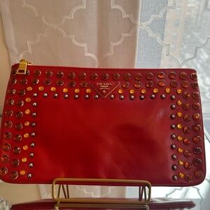 Prada Red Clutch with Gold and Silver Studs